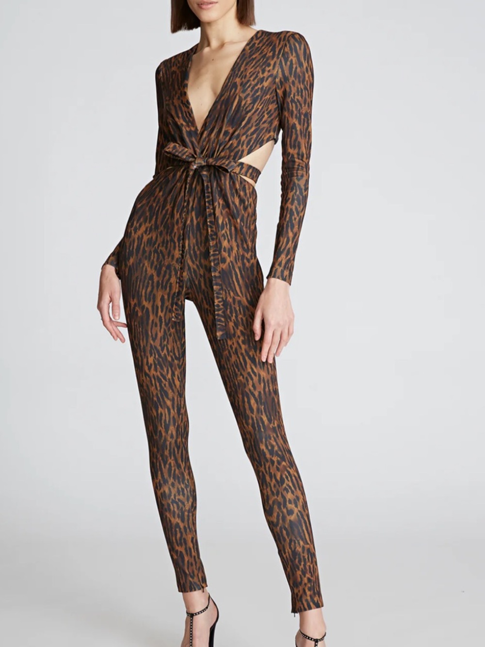 Halston Heritage Jada Leopard Catsuit Jumpsuit Cutout Tie Front Size 4 NWT
